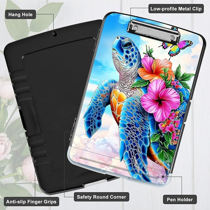 A4 Clipboard with Storage Pen Holder, Clipboards Organizer Nursing Clipboard Foldable File Folder Plastic Clipboard Folio Clip Board for Office Work Classroom Doctor, Turtle Pink Flower
