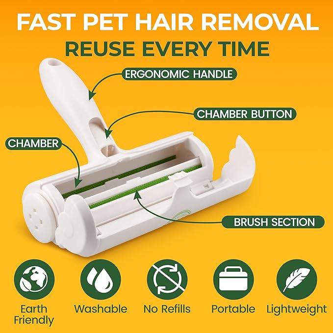 Roller Pet Hair Remover – Reusable Lint Roller for Cat & Dog Hair on Carpet, Couch, Car, Furniture, Rugs & Bedding – Portable, Eco-Friendly