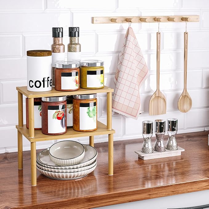 VERTORGAN 2 Pack Cabinet Organizer Shelf,Bamboo Countertop(Medium,Natural) | Kitchen Counter Shelves,Spice Rack Countertop and Cabinet,Cabinet Storage,Counter Organizer,Stackable Shelves