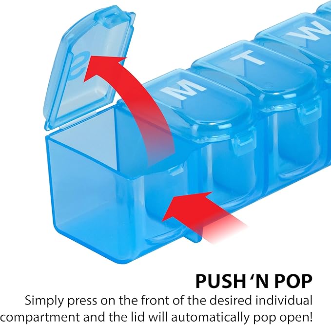 EZY DOSE Weekly (7-Day) Pill Case, Medicine Planner, Vitamin Organizer Box, Large Push N' Pop Open Compartments, Convenient and Easy to Use, Color May Vary, BPA Free | Vitamin & Prescription Medicine Case, Push N' Pop Open Compartments, Convenient & Ea...