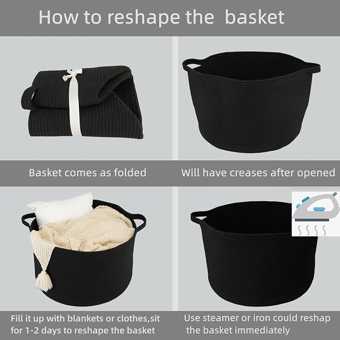 XUANGUO Extra Large Cotton Rope Round Storage Basket 22" x 14" Black | Woven basket for blankets, toys, towels, laundry, nursery, living room and pet toy storage.