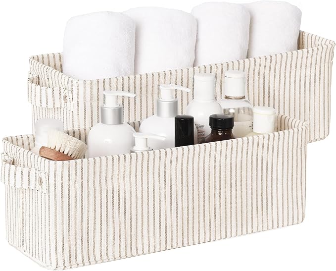 StorageWorks Fabric Narrow Storage Bins, Khaki and Beige Stripes, 2-Pack | With Metal Frame, Sturdy Structure, Reinforced Handles, Toilet Paper Storage, Small Baskets for Bathroom, Closet, Shelf