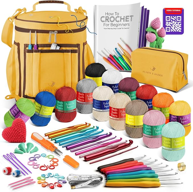Crochet Kit for Beginners Adults and Kids - Beginner Crochet Kit for Adults with Step-by-Step Video Tutorials, Amigurumi and Crocheting Kit, Crochet Starter Kit with Soft Crochet Yarn and Crochet Bag