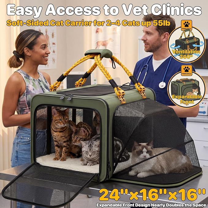 PAWZIDEA Expandable Large Pet Carrier with Wheels, 24x16x16 in Rolling Cat Carrier for 2–4 Cats up 55lb, Soft-Sided Collapsible Small Medium Dog Crate for Car Travel, Telescopic Handle, Storage Pocket