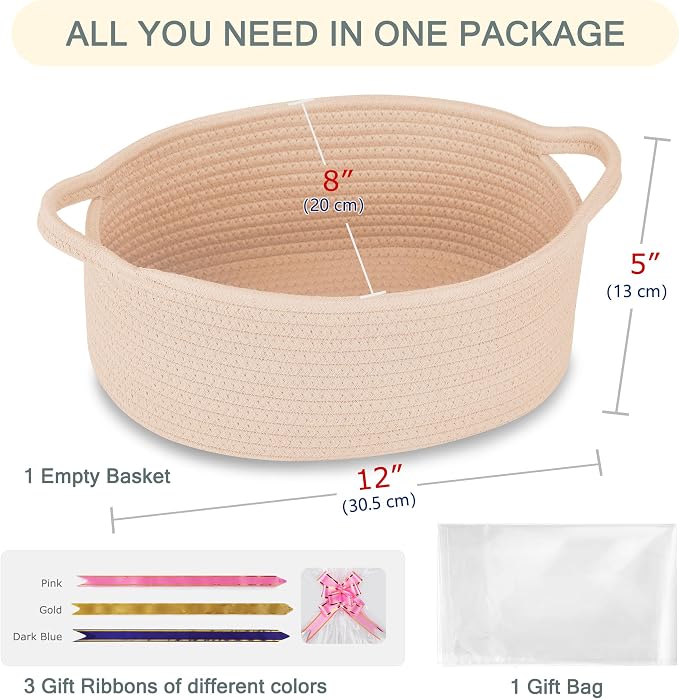 COMSE Small Woven Basket with Gift Bags and Ribbons, Gift Basket Empty, Cotton Rope Storage Organizer, Baby Toy Box with Handles, 12" x 8" x 5", Beige