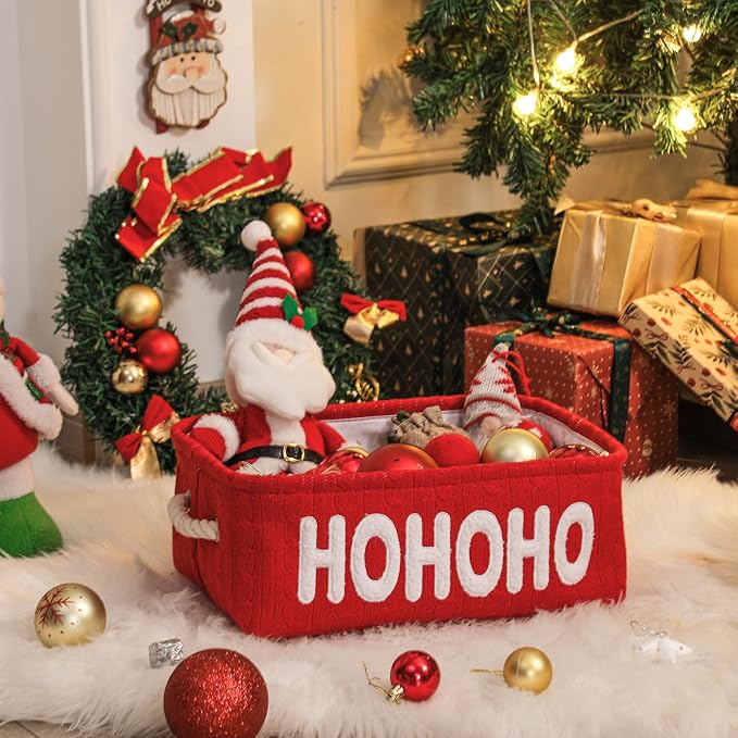 Empty Christmas Gift Basket, Red Small Storage Basket with Handle, Holiday Basket for Toys, Baby Items, Treats and Home Christmas Decorations, Perfect for Gift Giving and Display