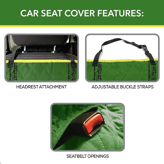 JOHN DEERE PET CAR SEAT COVER for DOGS & CATS. Licensed SEAT PROTECTOR for Construction, Tractors, John Deere Fans! Drive your PET in-style with the Pets First CARSEAT VEHICLE PROTECTOR