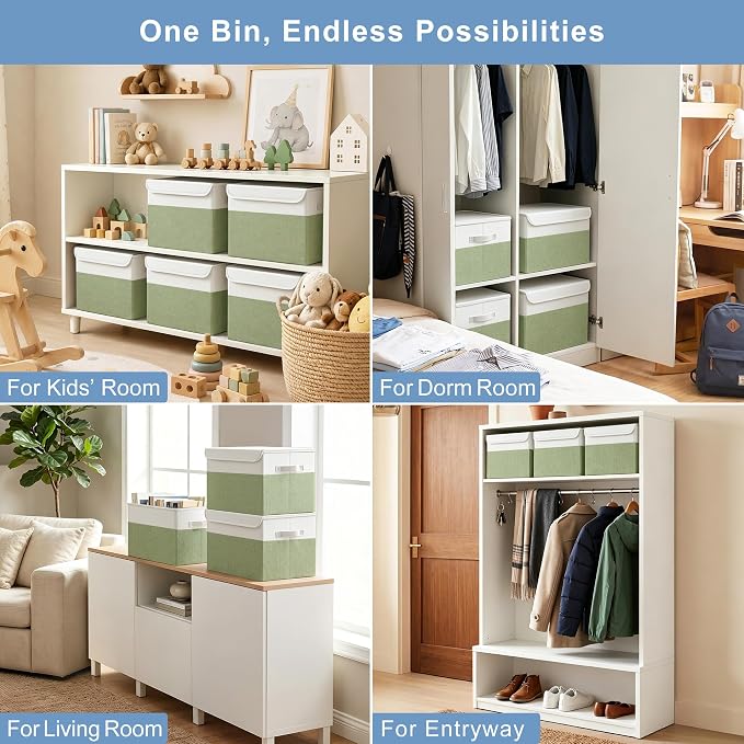Large 22 Quart Linen Fabric Foldable Storage Bin Cube Organizer Basket with Flip-Top Lid & Handles, Clothes Blanket Box for Home, Office, Closet, Green & White, 4 Pack 14.6 x 9.5 x 9.5