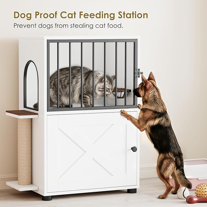 Dog Proof Cat Feeding Station, Dog Proof Cat Feeder, Cat Food Table, White | Cat Feeding Station with Scratching Post, Elevated Food Bowls with Stand, Cat Tree with Food Storage, Cat House