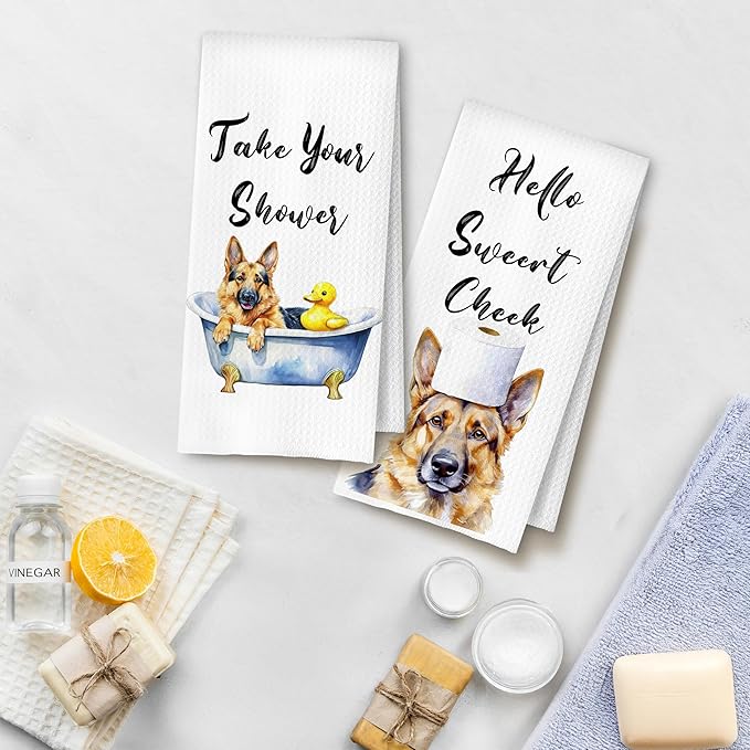 Funny German Shepherd Hand Towels for Bathroom Washroom, German Shepherd Gifts for Women Men, Dog Bathroom Decor, Humor Dog Hand Towels, 16x24 Inch Set of 4