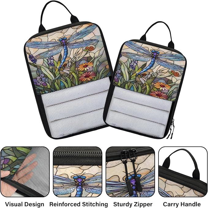 Dragonfly 6 Set Compression Packing Cubes Stained Glass Style Flowers Expandable Packing Organizer for Travel Accessories Luggage Suitcase Bag