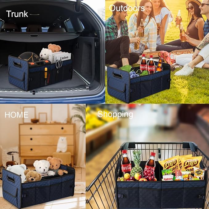 Car Trunk Organizer for SUV, Collapsible Car Storage Organizer Dark Blue | Sturdy, Large Capacity, Diamond Decor, Multi Compartment Container Box Adjustable Car Accessories for Sedan Truck