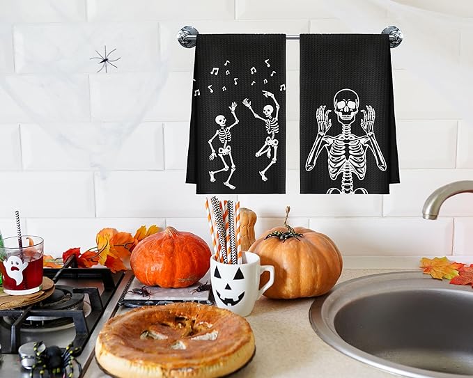 Kitchen Towels Set of 2, Rock and Roll Skeleton Dish Towel for Bathroom Kitchen, Skull Decorative Hand Towels, Gothic Fast Drying Tea Towel, Housewarming for Women Mom -02