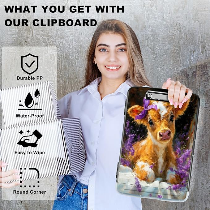 A4 Clipboard with Storage Pen Holder, Clipboards Organizer Nursing Clipboard Foldable File Folder Plastic Clipboard Folio Clip Board for Office Work Classroom Doctor, Lavender Cow