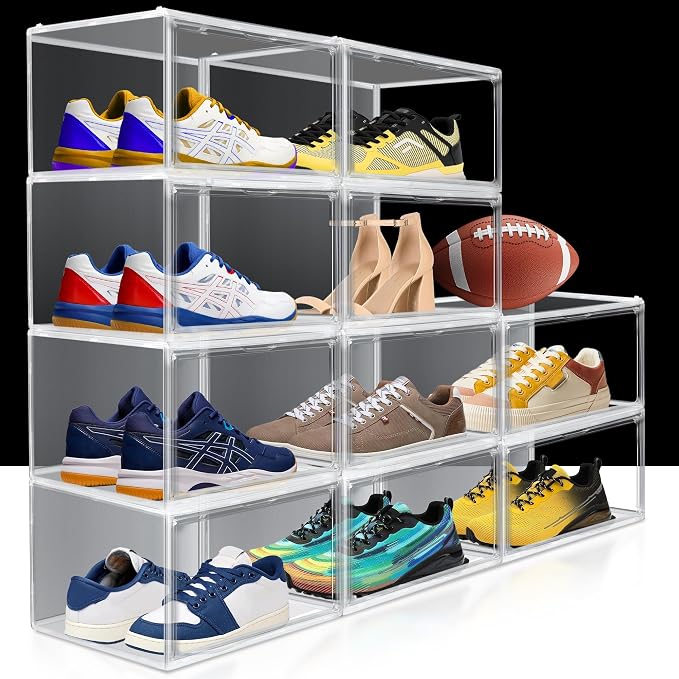 1 Pack Clear Plastic Shoe Boxes, Stackable Magnetic Door, Fit Size 12.5 | 14.2 x 10.6 x 8.1 in clear plastic boxes for daily sneakers, casual shoes and closet storage