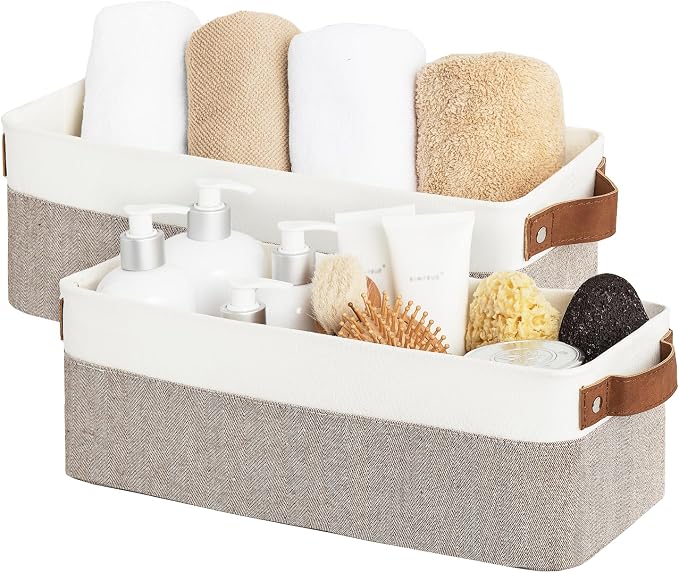 StorageWorks Narrow Storage Bins, Small Baskets, Brown and White, 2-Pack | With Metal Frame, Sturdy Structure, PU Handles, Toilet Paper Storage, Long Storage Bins for Bathroom, Closet, Shelf