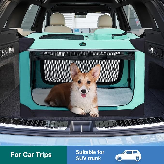 Ownpets Collapsible Travel Dog Crate for Large Dogs, 30x21x21 inches, Green | Foldable, Portable, 4-Doors, 4-Side Mesh Windows, Steel Frame Oxford Cloth, Soft Cushion Mat, Leash, Easy Setup