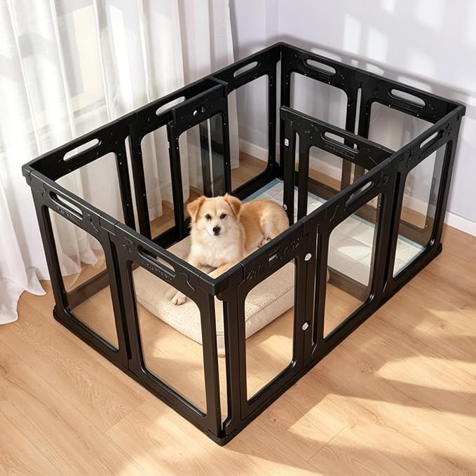 Clear Acrylic Indoor Dog Playpen, 30" H, 12 Panels, Black | Open View, Modern Home Fit, No Climbing Bars, Tool-Free Setup, For Puppies & Small Dogs