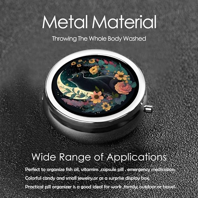 Pill Box, Small Pill Organizer with 3 Compartments and Mirror, Cute Round Portable Travel Metal Pill Case for Pocket or Purse, Privacy-Protecting Medicine Box-Dark Night Moon Flower Cat