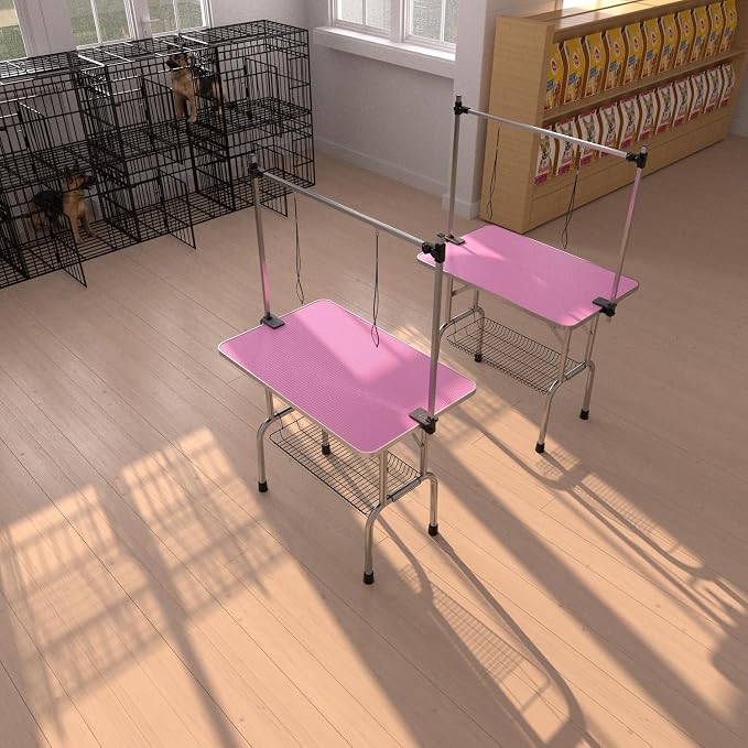 36" Pet Dog Grooming Table, Foldable Stainless Steel Frame Pet Drying Grooming Table Up to 330lbs, Professional Bathing Desk for Dogs at Home with Adjustable Overhead Arms, Noose, Mesh Tray, Pink