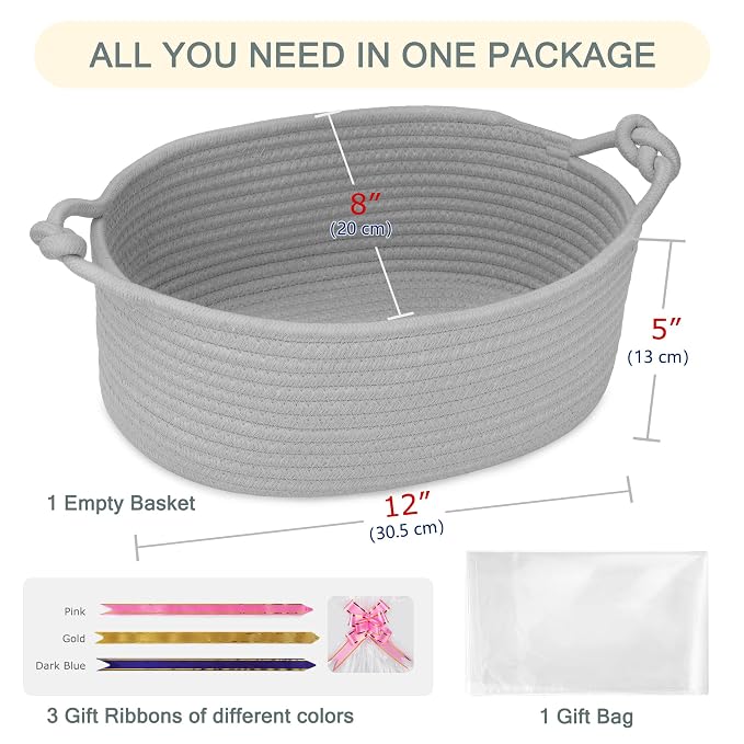 COMSE Small Gift Basket Empty with Bag & Ribbons, Solid Cool Gray | Cotton Rope, 12"x 8"x 5", Pet Toy Storage Organizer, Woven Basket for Birthdays, Baby Showers, Mother’s Day, Valentine’s Day