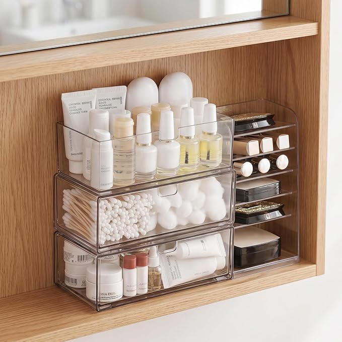 Stackable Medicine Cabinet Organizer for Bathroom, 4 Pack | Layers to Save Space, Clear Drawers, Smooth Pull-Out, Non-Slip & Place Stably, Fits Lipsticks, Cotton Swabs & Makeup