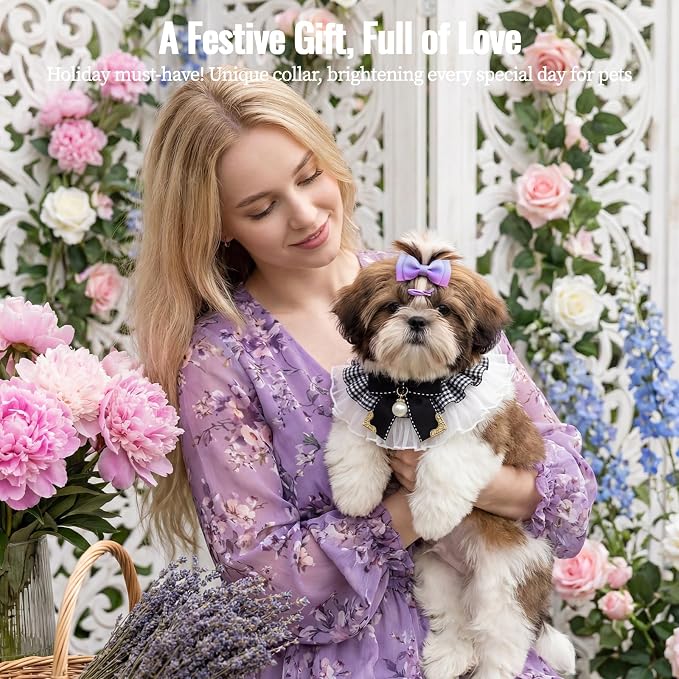 Elegant Lace Cat Collar, Adjustable Pet Bow Tie Bib for Small Dogs and Cats, Cute Princess Pearl Scarf Outfit for Wedding Party Photoshoots（L 11-16.5 lbs）
