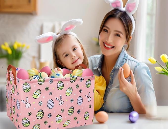 Large Rectangular Easter Baskets Empty Waterproof Boy Toy Box Foldable Kid's Gifts Storage Bin Spring Room Decor(Pink Black Line Egg)