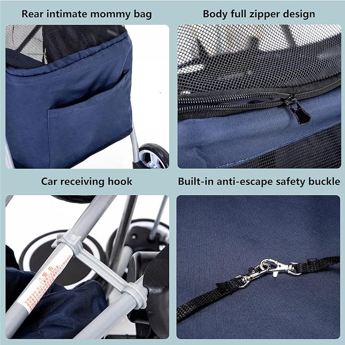 Outdoor Portable Foldable 4-Wheel Pet Cart for Small,Medium-Sized Dogs and Cats with Cup Holder,Travel Pet Small Lightweight Cart (Dark Blue)