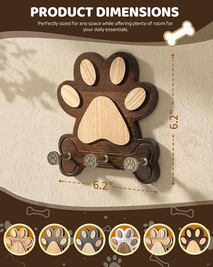 MTERSN Acacia Wood Dog Leash Holder for Wall with 3 Key Hooks, Dark Brown | Acacia Wood, Unique Dog Paw Shape, 3D Wall Hooks for Sunglasses, Cute Dog-Themed Key Rack, Wall Organizer for Home Decor