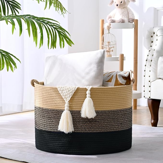 67L Large Blanket Basket, 20"x13" Woven Storage Baskets With Handle, Cotton Rope Blanket Basket Living Room, Baby Laundry hamper for Blanket, Nursery, Toy, Pillow (Brown & Black)