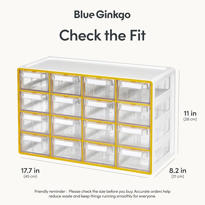 Blue Ginkgo 16-Drawer Storage Cabinet Organizer, Yellow, Made in Korea | Stackable. Adjustable. Easy Visibility.