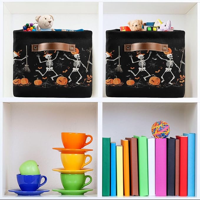 Halloween Skeleton Black Storage Basket with Waterproof Liner and PU Handles Spooky Skull Pumpkin Storage Bins Boxes 14.2" Collapsible Decorative Organizer Baskets for Bedroom Closet Office 2 Pack