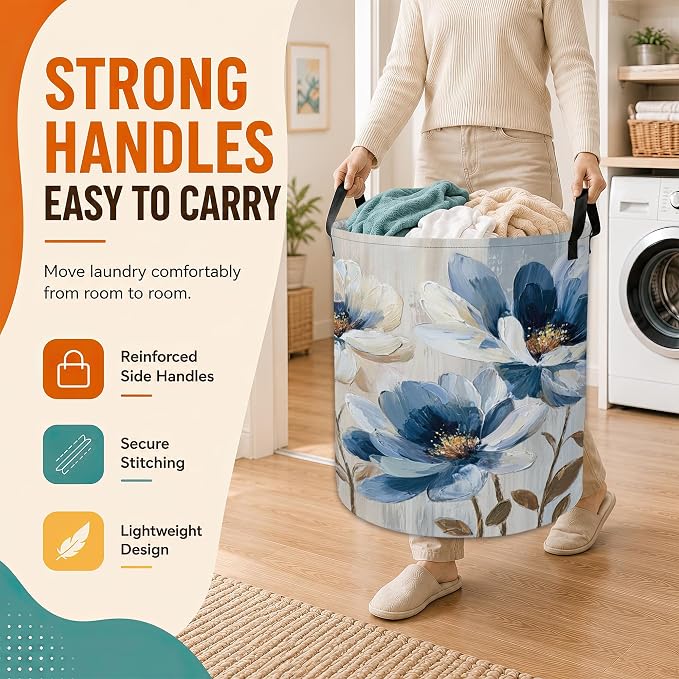 Blue Flower Laundry Basket,Flower on Marble Foldable Oxford Laundry Hamper with Handles,Collapsible Clothes Storage Basket for Bedroom,Bathroom,or Laundry Room,20.8 x 16 Inches