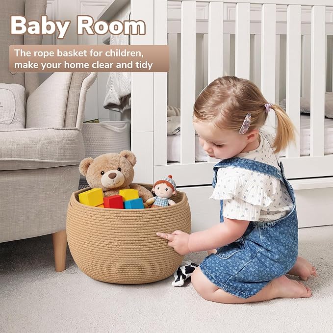 Goodpick Large Toy Storage Basket for Kids, Round, 15.7" x 10.5", Camel | Woven Rope Basket with Handles, Holds Blankets, Toys & Baby Shower, Decorative Basket for Living Room & Bedroom Décor