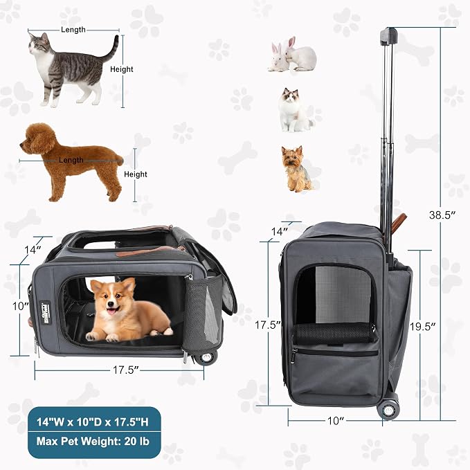EliteField Deluxe Rolling Backpack Dog & Cat Carrier (2-Year Warranty) | Airline Approved, Waterproof Fabric, Scratch-Resistant Mesh, Retractable Handle, Wheels, Built-In Leash