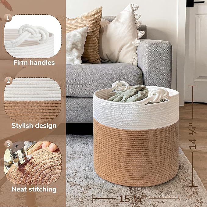 Goodpick Cotton Rope Storage Basket, 15 x 14.2 Inches Jute Woven Basket for Blankets Clothes Organizing, Baby Laundry Baskets Toy Storage With Handle, White Jute | Small Laundry Basket for Living Room Bedroom Nursery Décor, Toy Storage With Handle