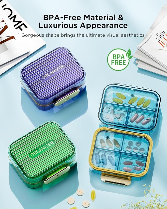 Acedada Small Pill Box, Travel Pill Organizer for Purse, Purple | 7-Compartment Moistureproof Pill Case, Daily Pill Container, Portable Medicine & Vitamin Holder for Fish Oil & Supplements