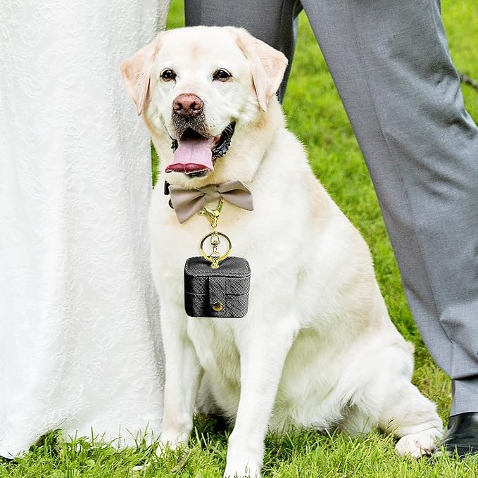 Wedding Dog Ring Bearer Pillows Box, PU Leather Travel Mini Ring Holder Pouch with Keychain Clip& Buckle Closure, Bridesmaid Gifts Jewelry Storage Organizer Case for Women Girls(Black)