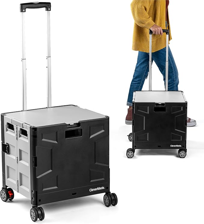 Wheeled Trolley Crate - 55L (4 Wheels) - Black/Cream [Cool Gray 1C] (1PK) | Move Bigger Loads in Any Direction | Four Swivel Wheels and a Telescoping Handle Guide 100 lb, Then Fold to 3.75 Inches