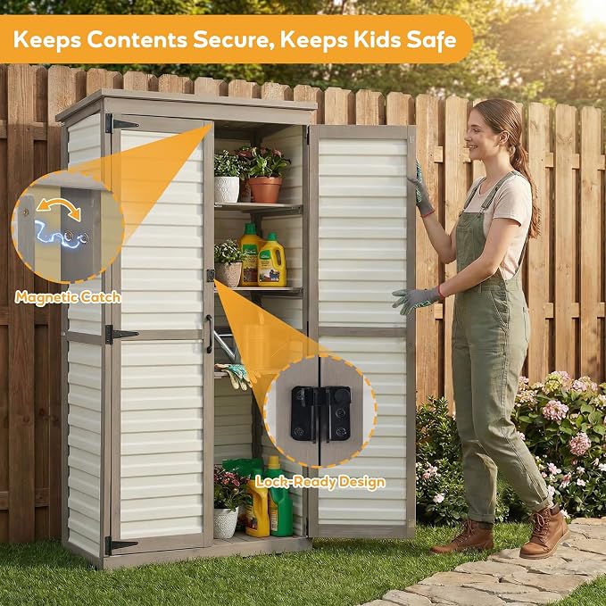 Outdoor Storage Cabinet, Wood & Plastic Garden Shed with Adjustable Shelves | Waterproof Slanted Roof, Rustproof Plastic Panels, Lockable Magnetic Doors, Leveling Feet, White, for Patio, Backyard, Garage