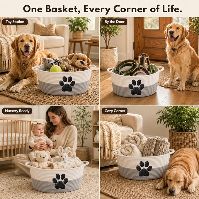 Dog Toy Basket with Handles, Grey Cotton Rope Storage Bin Organizer | Neutral grey dog toy organizer that blends any decor. Holds toys, blankets & leashes. Machine washable, collapsible rope bin.