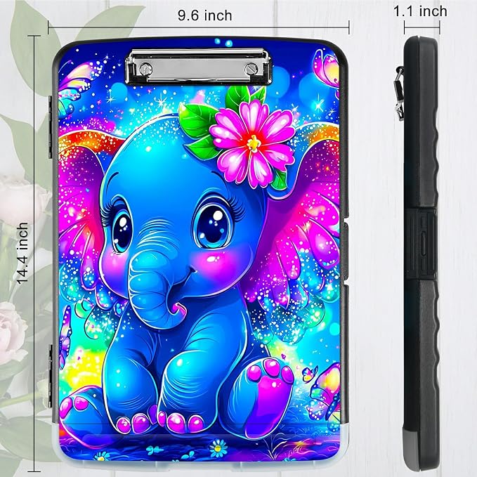 Blue Elephant Flowers A4 Clipboard with Storage Pen Holder, Clipboards Organizer Nursing Clipboard Foldable File Folder Plastic Clipboard Folio Clip Board for Office Students Classroom