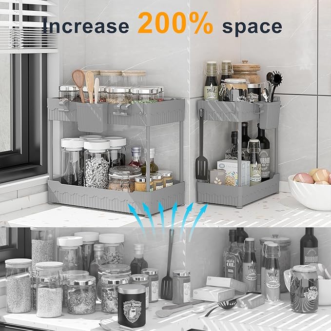2-Pack Under Sink Organizer with Hooks & Hanging Cup for Kitchen | Multi-use kitchen & bathroom storage, 14.8 inch grey cabinet organizer, with hooks and hanging cup for easy access.