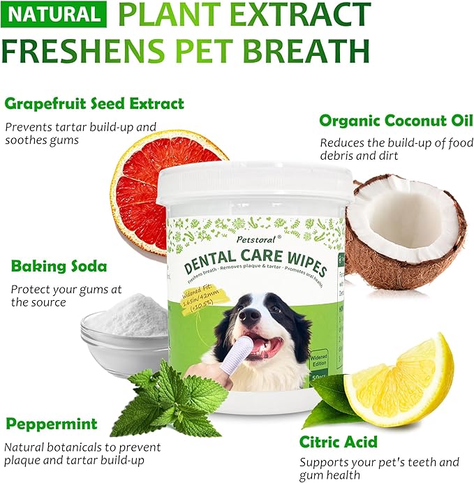 Petstoral Dental Care Wipes for Dogs and Cats, 50 Count, Teeth and Gum Cleaning, Plaque and Tartar Removal, Larger and Wider Version