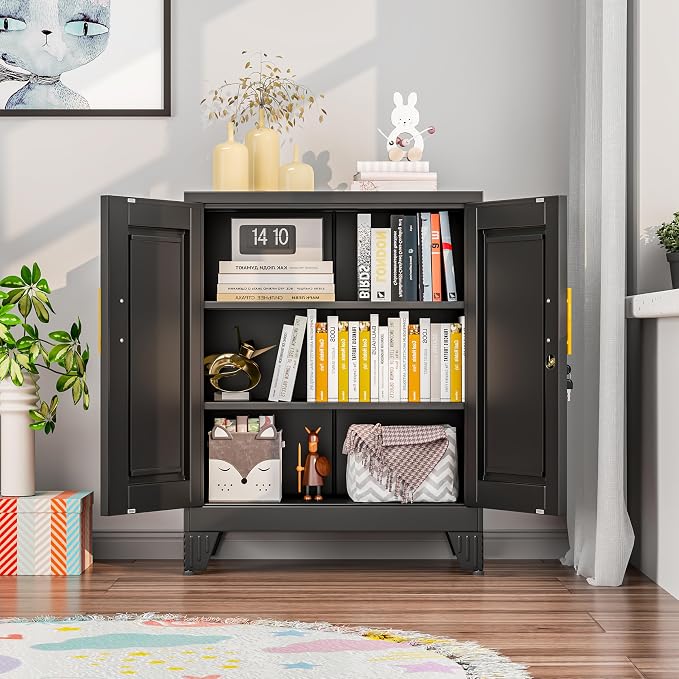 Black Metal Storage Cabinet, 36" Steel Locking Cabinets | Small Cabinet with Doors and 2 Adjustable Shelves, Utility Cabinet, Steel Locker Organizer for Office, Home, Garage, School
