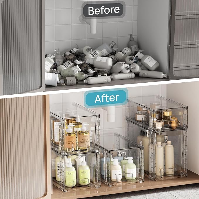 Vtopmart 3 Pack Clear Stackable Storage Drawers,Easy to Assemble Bathroom Organizers and Storage with handles,Plastic Drawers for Kitchen Pantry,Cabinet,Under Sink Organization | Tall, Medium and Small Pull-Out PET Drawers with Stackable Design for Bat...