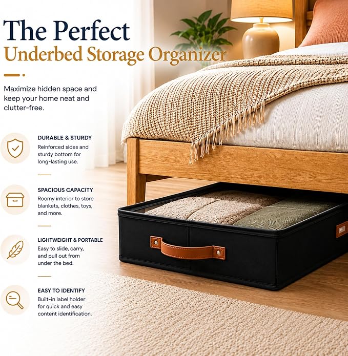 HOMELUX THEORY Under Bed Storage, Large 2pc with Lid, Black | Drawer-style pull-out design, Fits blankets, clothes, fabric & shoes, Bins with lids, Bedroom & closet storage