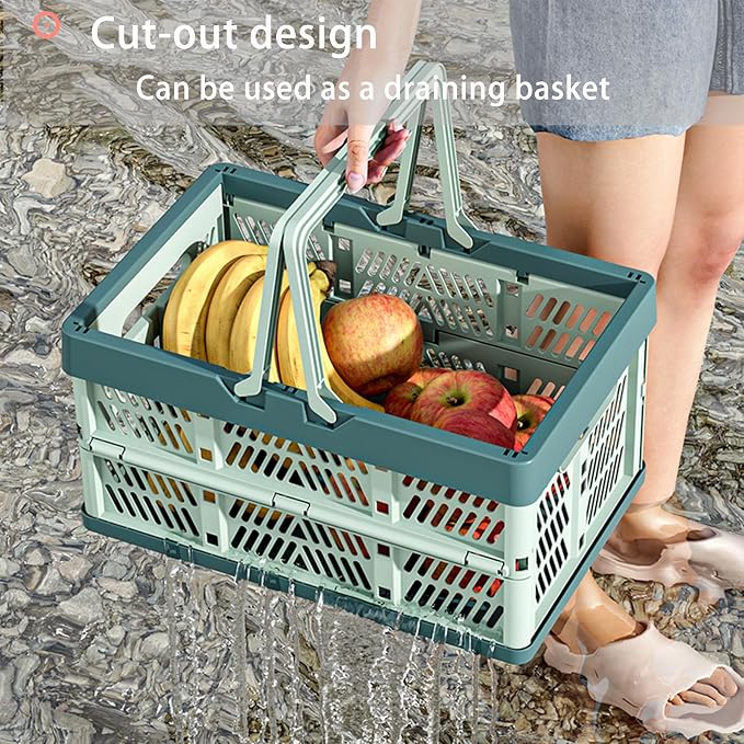 Collapsible Plastic Storage Crate - 20L Folding Organizer Basket Portable Stacking Storage Crate Bin with Handle, for Camping, Picnic, Car Trunk, Home Storage (Gray, M)