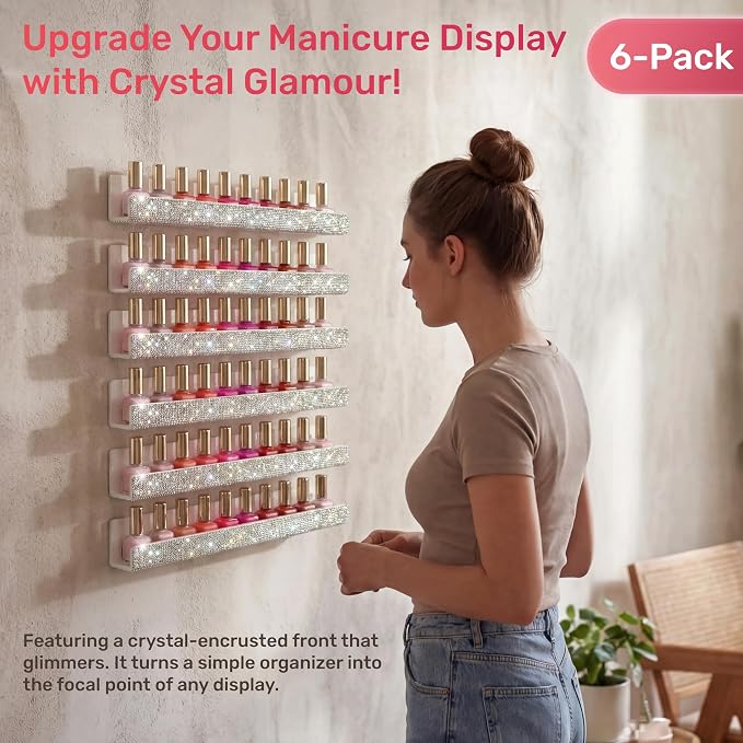Nail Polish Wall Shelf - 15-Inch Diamond Crystal Display & Organizer Rack, Holds 60+ Polishes, Soft Ledge for Bedroom, Bathroom, Salon,6 Pack